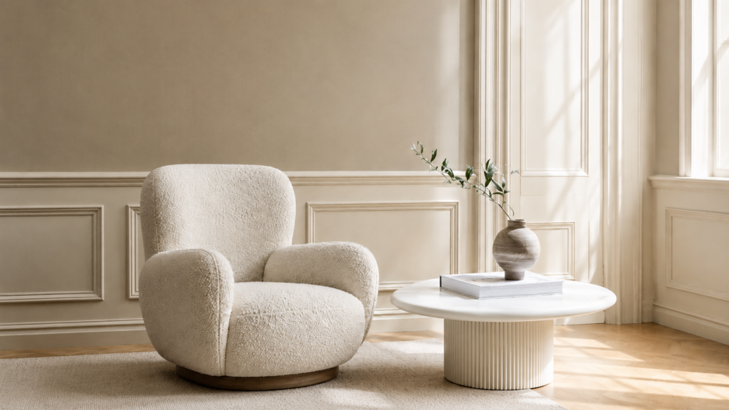 Eleganter Wohnbereich in warmen Beige- und Naturtönen mit gestrichenen Wandflächen, dekorativen Wandprofilen - Fangmeyer in Emsbüren