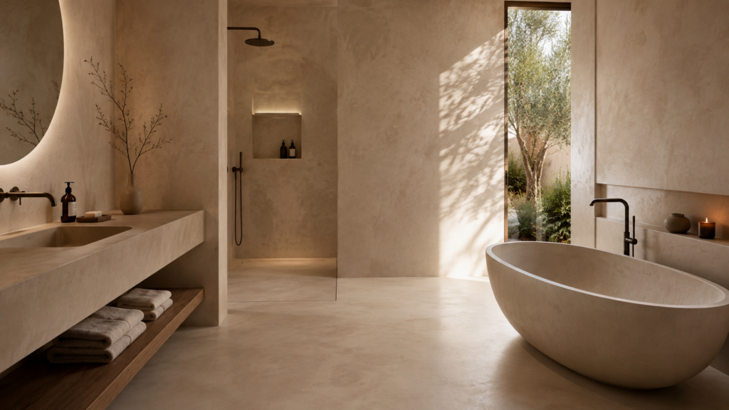 Modernes Bad mit fugenloser Oberfläche in warmen Beige und Naturtönen, freistehender Badewanne und bodengleicher Dusche