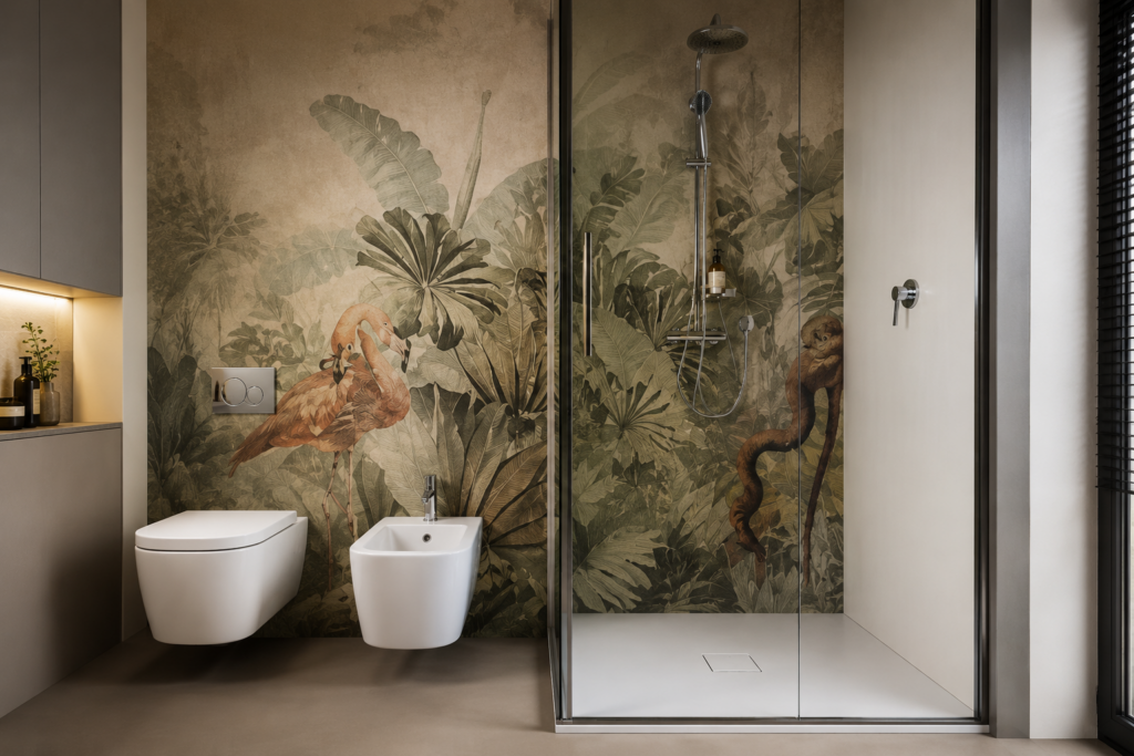 Fugenlose Dusche mit wasserfester Duschtapete im botanischen Design