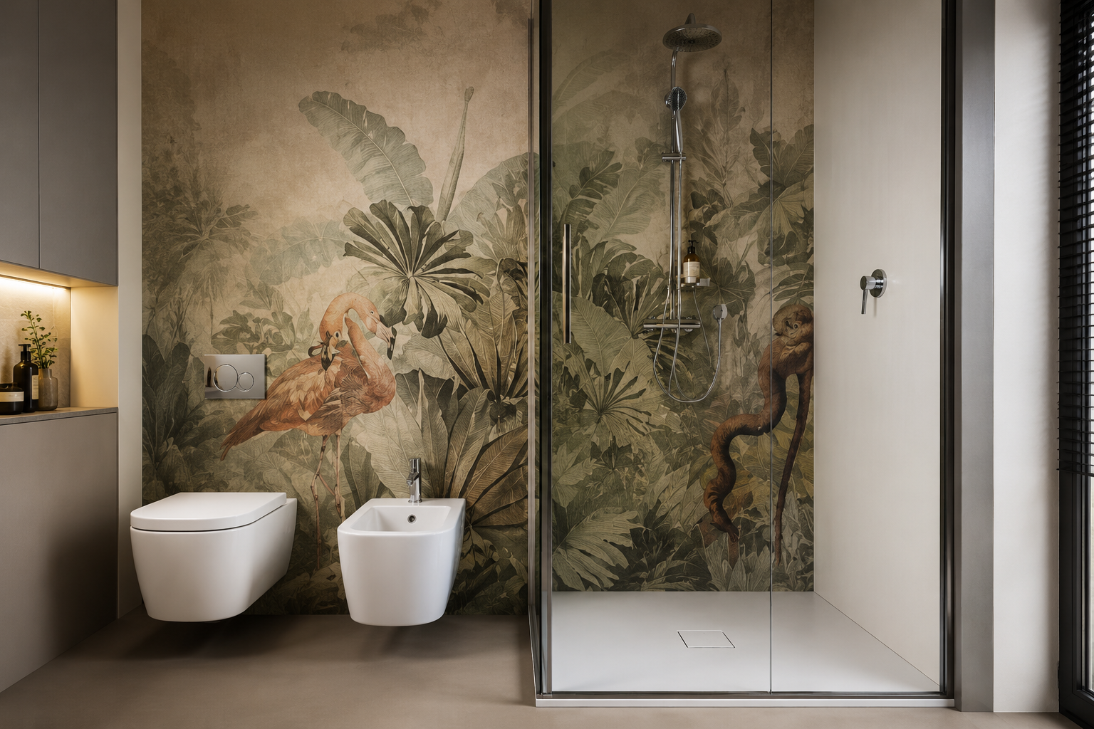 Fugenlose Dusche mit wasserfester Duschtapete im botanischen Design