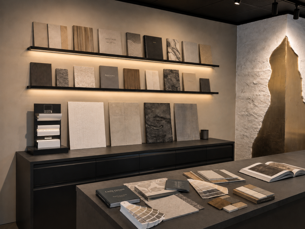 Materialmuster, Oberflächenproben und Farbkarten im Fangmeyer Showroom in Emsbüren