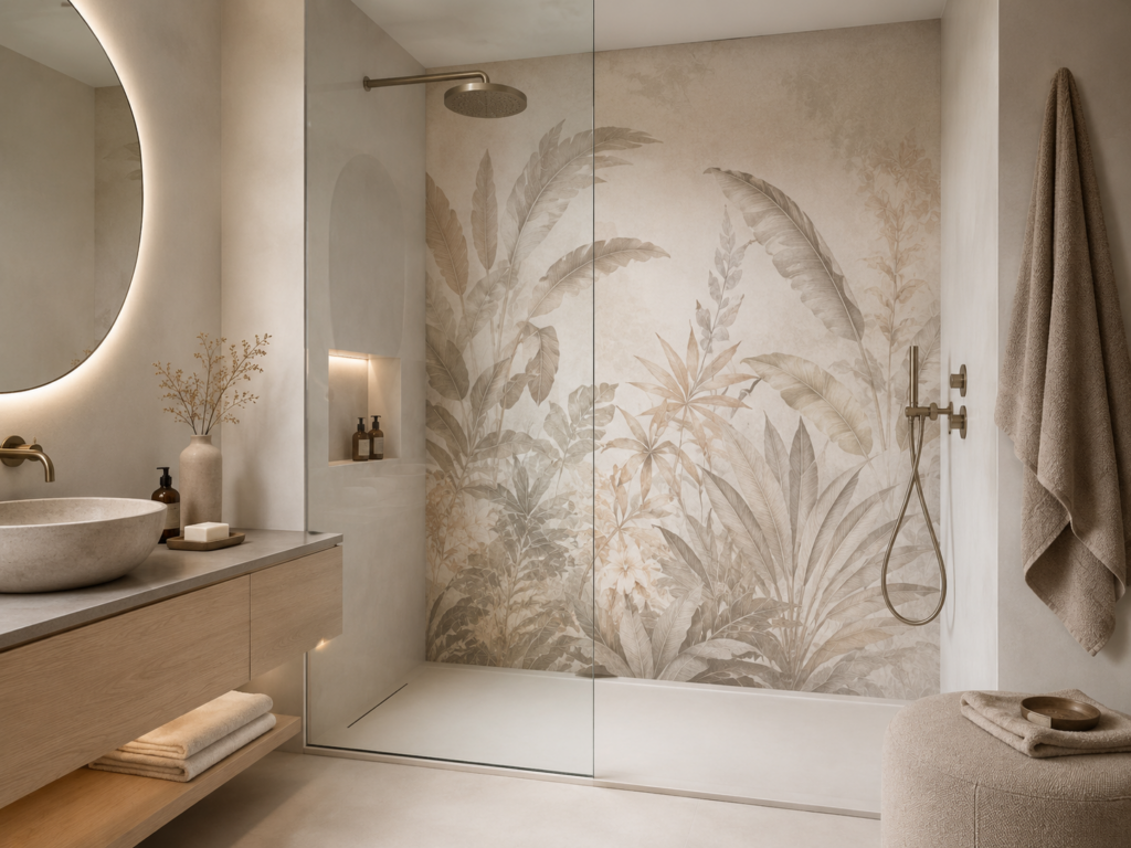 Helle Dusche mit floraler Duschtapete in Beige und fugenloser Gestaltung