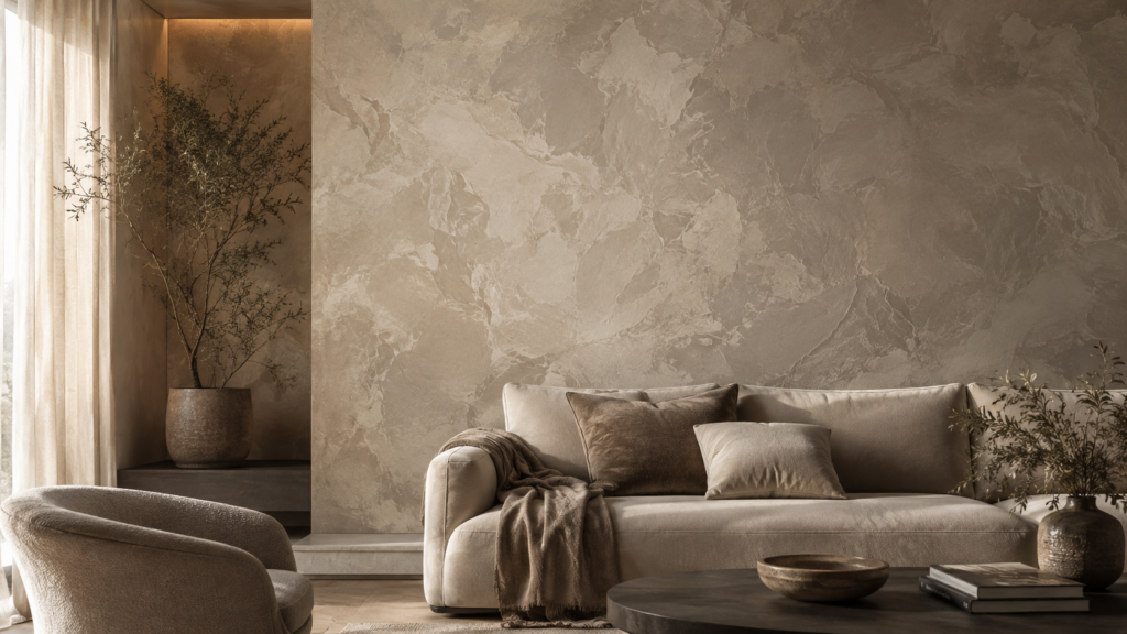 Eleganter Wohnraum mit kreativ gestalteter, strukturierter Wandoberfläche in warmen Beige- und Greigetönen